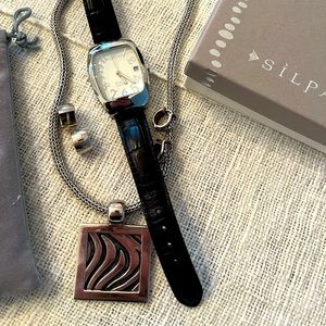 Silpada SET. Two pairs earrings, necklace with pendant and black watch.